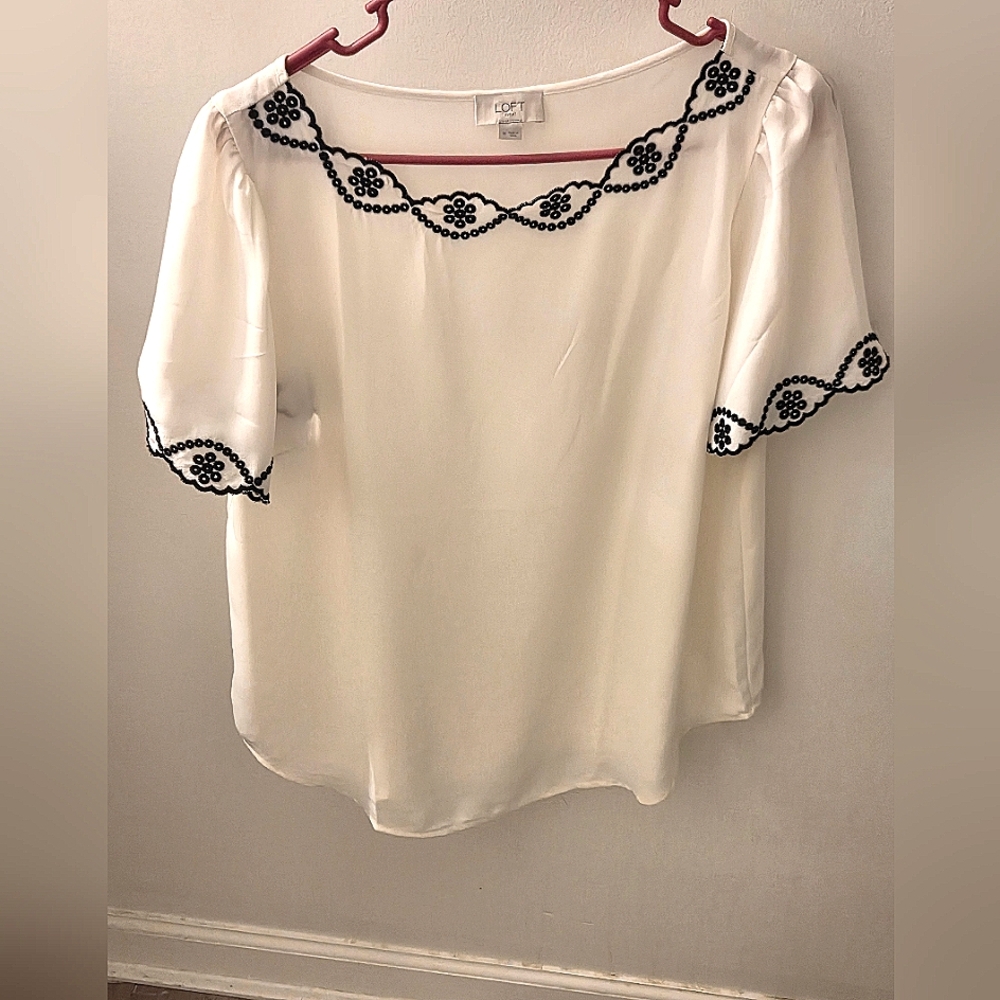 Loft Cream and Black Embellished Short Sleeve Blouse